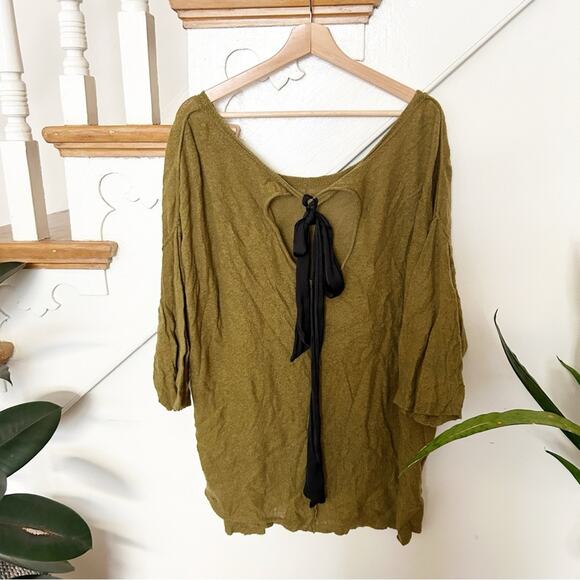 Intimately Free People Olive Green Tunic Bow Back Relaxed Fit 3/4 Sleeve Size M - Picture 4 of 7